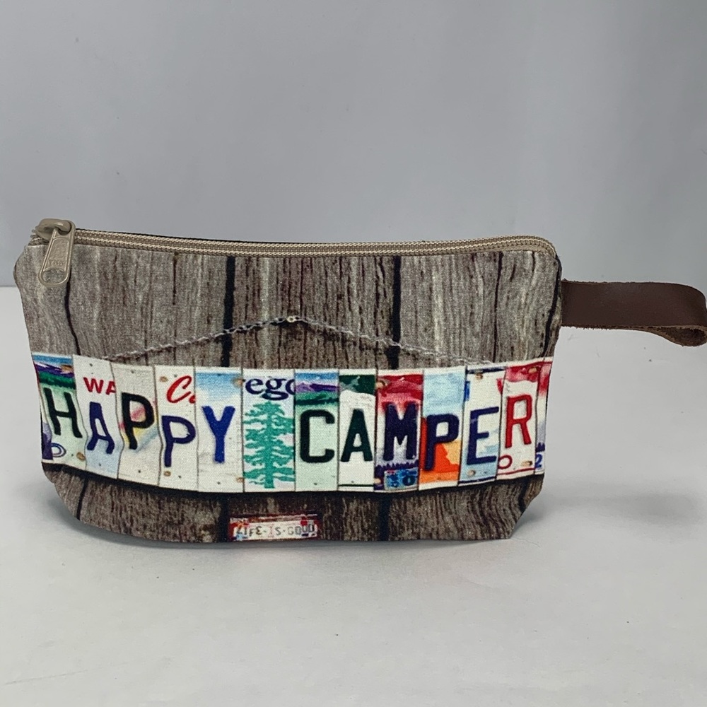 Happy Camper Zip Pouch Upcycled Canvas - Picture 1 of 5